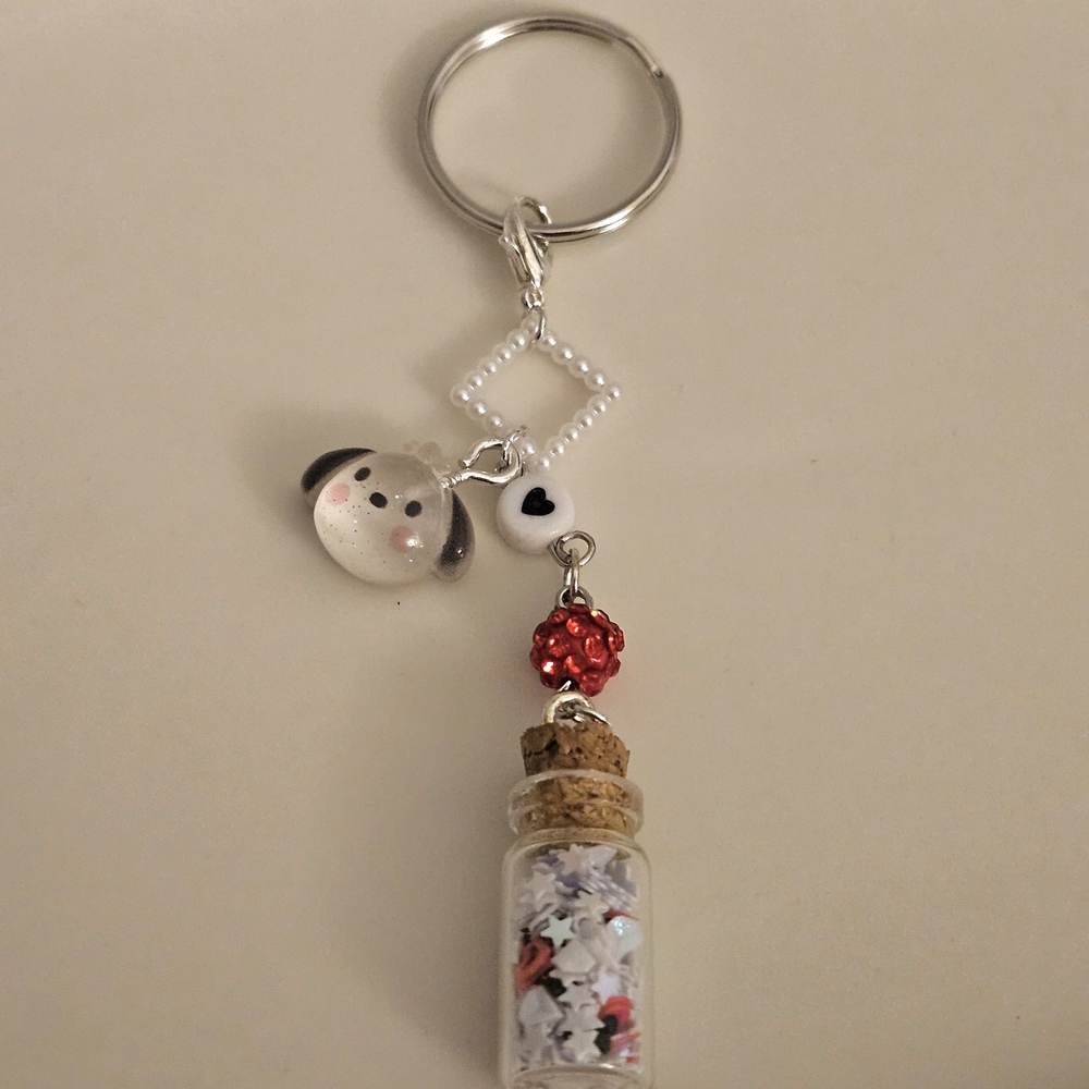 Cute Red & White Glass Bottle Charm Keychain with Dog Bead